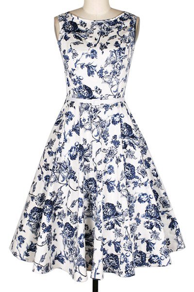 Retro Style Jewel Neck Floral Print Sleeveless Belted Flare Dress For Women