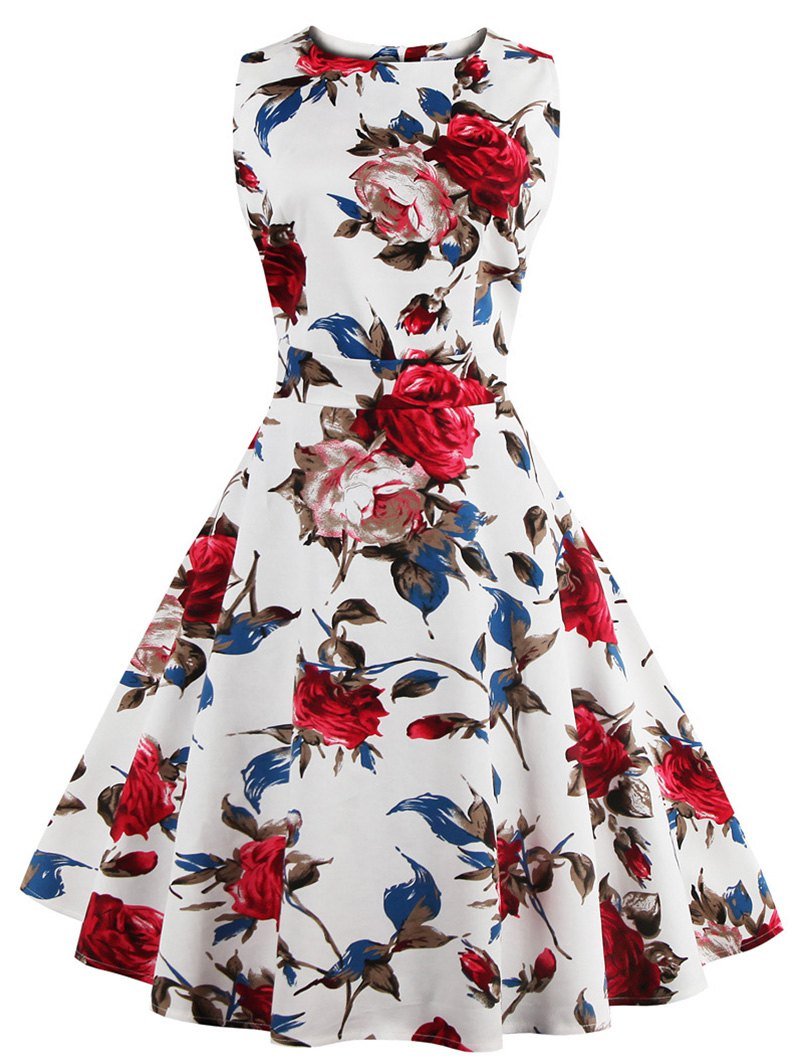 Vintage Sleeveless Floral Print Dress For Women