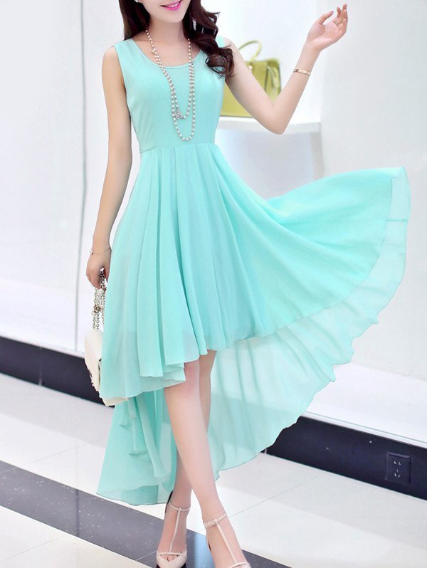 Chic Scoop Neck Sleeveless Asymmetrical Solid Color Dress For Women