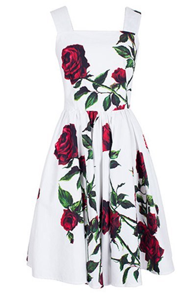 Vintage Square Neck Sleeveless Floral Print Dress For Women
