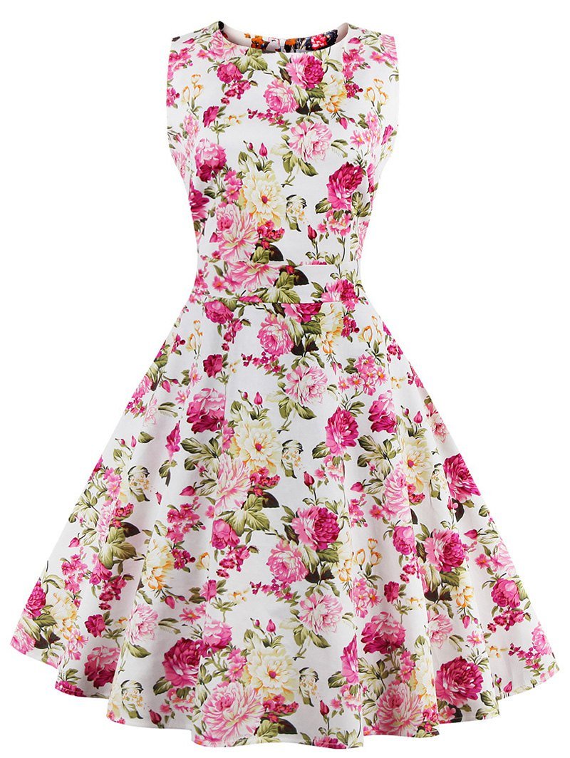 Vintage Sleeveless Chrysanthemum Print Dress For Women