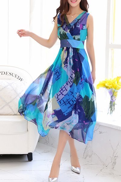 Trendy V-Neck Sleeveless Color Block Print Midi Dress For Women