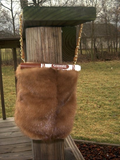 Chocolate Brown Mink Evening Bag with goldtone chain woven with rich brown leather