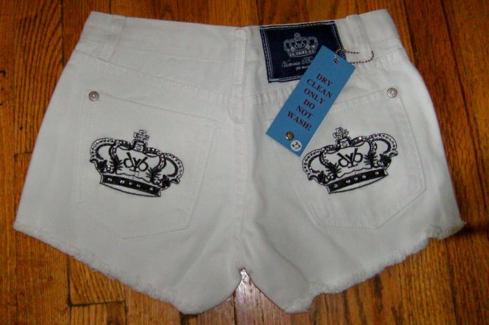 Victoria Beckham Crystal Crown Jean shorts, white w black crown/27