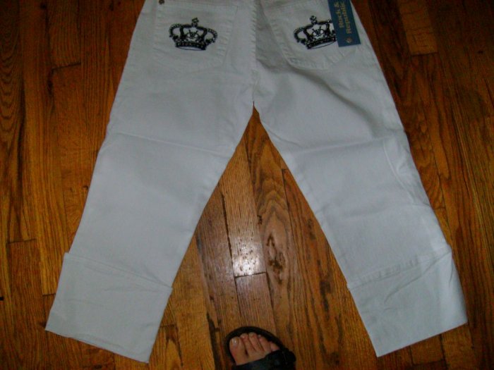 Victoria Beckham Crystal Crown Jeans, white w black crown/28