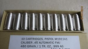 10 of 1 tr. oz. .999 fine Silver Bullet Bullion .45 ACP in box with certificate