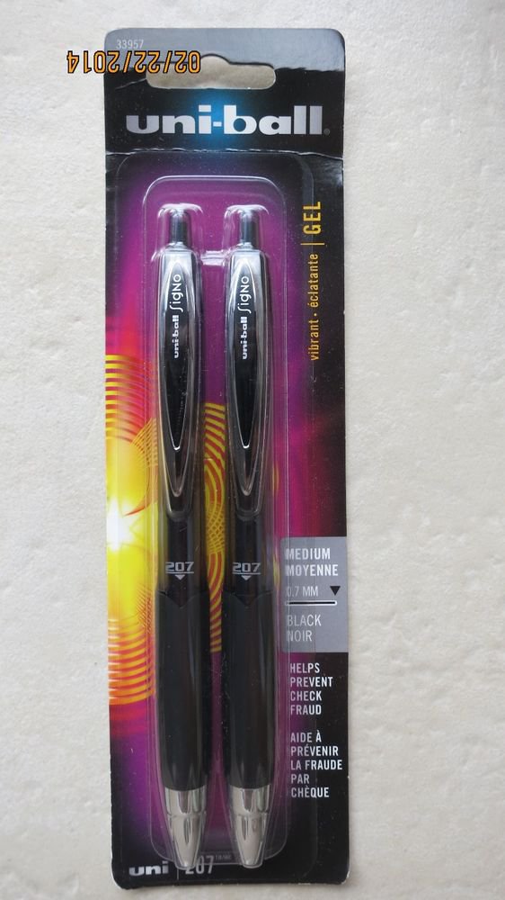 2 pens Uni-Ball # 207 Retractable Gel Medium Point Black Ink 0.7 mm UNI BALL vib