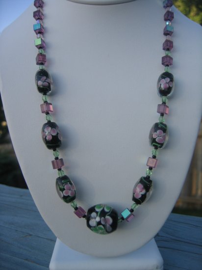 Black Pink and Green Lampwork Flowers with Swarovski Cubes