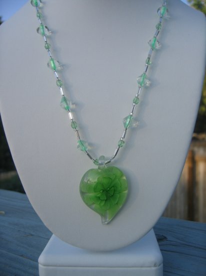 Green Lampwork Glass Flower with silver and green accents