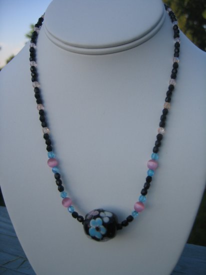 Auqua and Pink Lampwork Flower and Cat's Eye