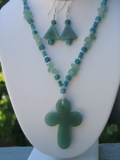 Aventurine Cross necklace with matching earrings