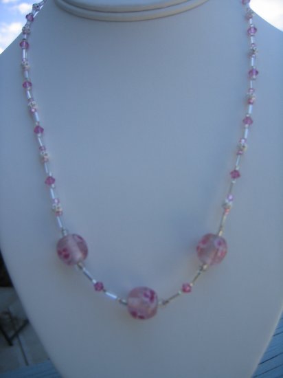 Pink Lampwork Flower and Swarovski Crystal Necklace