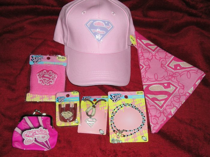 Huge Lot Superman SuperGirl Jewelry, Hat, Bandana,Purse