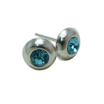 Sterling Silver 8 MM Round Aquamarine Bezel Set Crytsal Stud Earrings