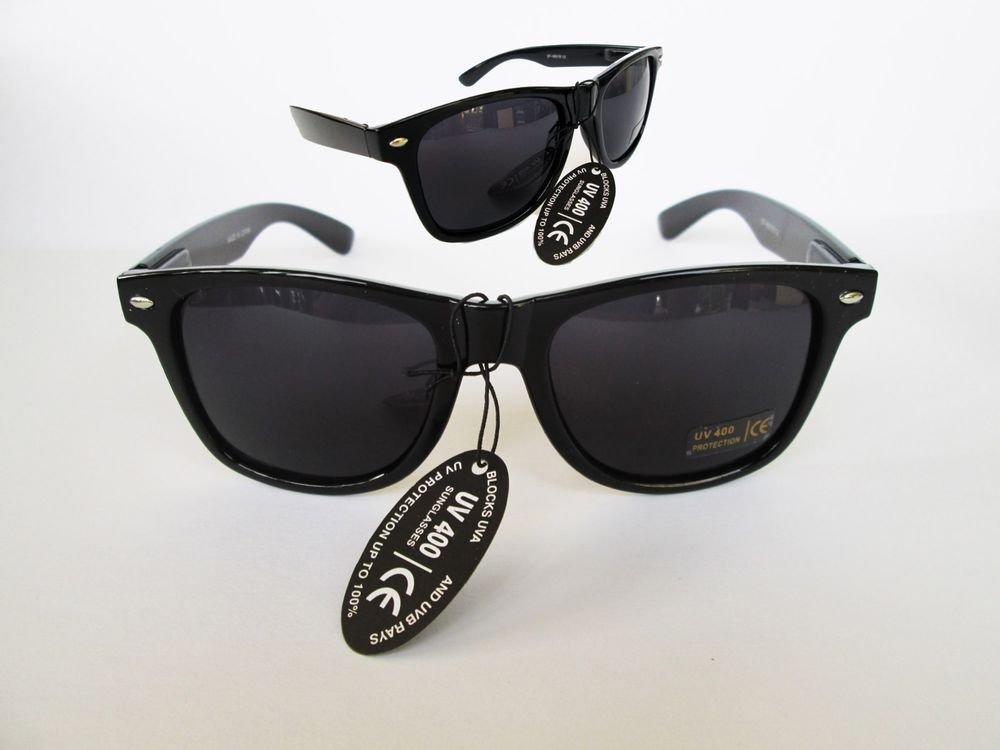 Black Retro 80s Wayfarer Gloss Sunglasses Dark, Black Lenses and Black Frames