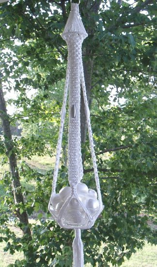 MACRAME PLANT/BASKET HANGER WHITE W/SILVER BEADS