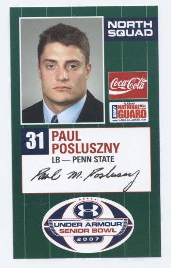 PAUL POSLUSZNY 2007 Senior Bowl card PENN STATE Bills PRE-ROOKIE