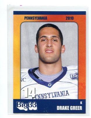 DRAKE GREER 2010 Big 33 Pennsylvania High School card PITT Panthers K / P