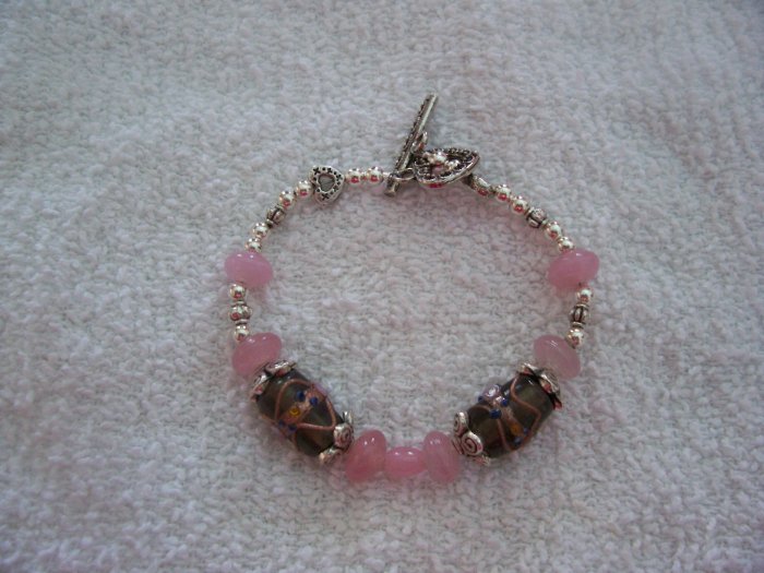 Pink & Grey Lampwork with Silver Hearts Bracelet - TTgp