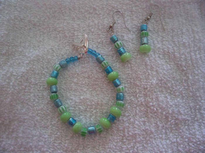 Blue & Green glass bead Bracelet & Earring Set- TTbg