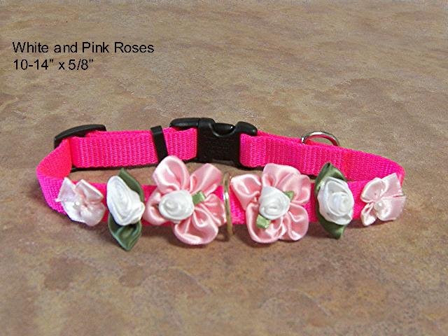 Pink & White Satin Roses Dog Collar- BTpw