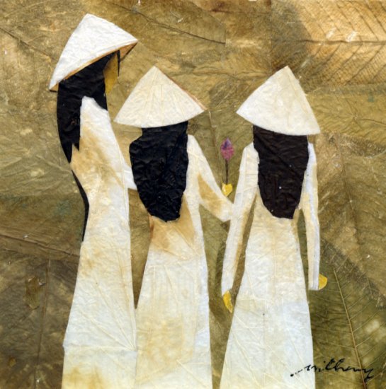 Three School Girls and Flower Leaf Painting - ME3sg