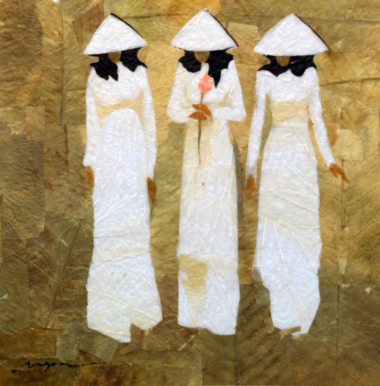 Three School Girls Walking Leaf Painting - MEgw