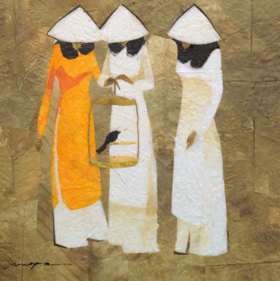Three School Girls and Bird Leaf Painting - MEgb