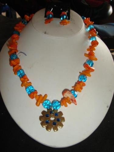 Orange Coral & Blue Beads w/ Spur Rowel Necklace Set - CGoc