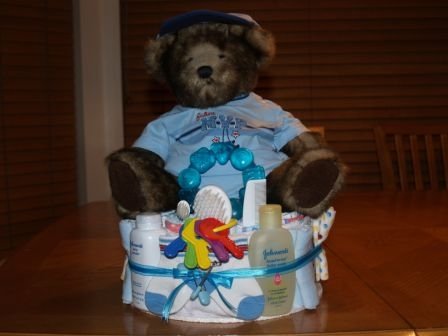 2 Tier Baby Boy Diaper Cake with Teddy Bear - TH2tbt