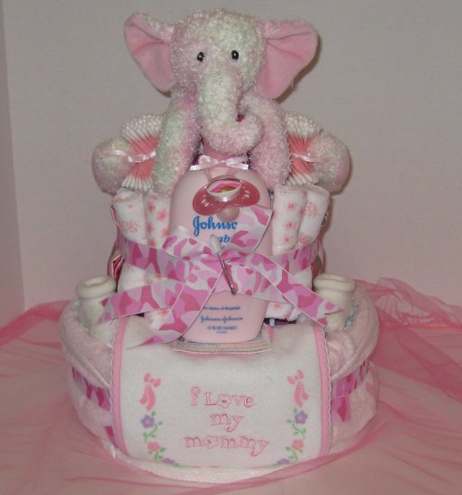 2 Tier Baby Girl Camoflauge w Elephant Diaper Cake - TH2tge
