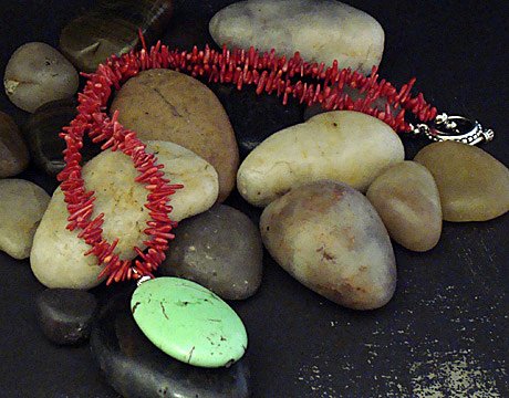 Coral and lime turquoise pendant