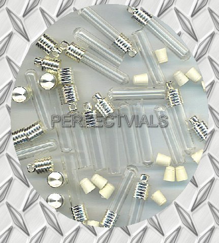 25 GLASS TUBE VIALS, PLUGS, SILVER refillable CAPS & FLAKES!~WHOLESALE LOT~