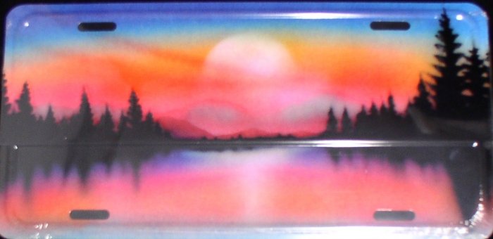AIR BRUSHED TREES AND SUNSET SUNRISE ON LAKE SCENE LICENSE PLATES