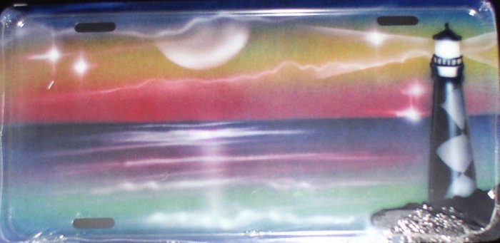AIR BRUSHED LIGHTHOUSE ON BEACH SCENE LICENSE PLATES