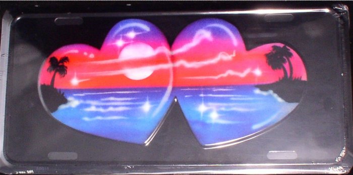 AIR BRUSHED TWO HEARTS OCEAN AND PALM TREES LICENSE PLATES