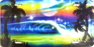 AIR BRUSHED OCEAN WAVE AND PALM TREES LICENSE PLATES