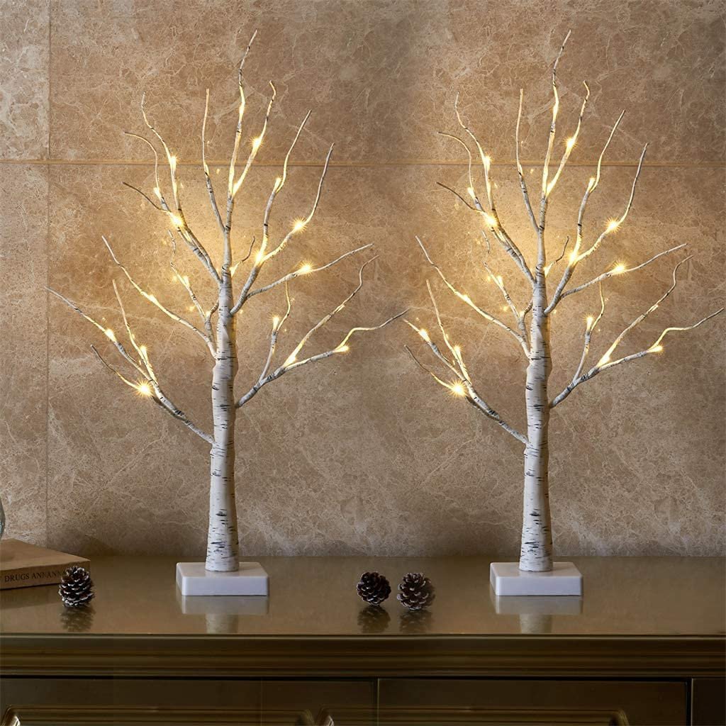 Set Of 2 EAMBRITE 2FT 24LT Warm White LED Birch Tree Light With Timer