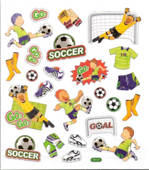 6 Soccer Players, Goalie gloves, net, balls, cleats scrapbooking stickers