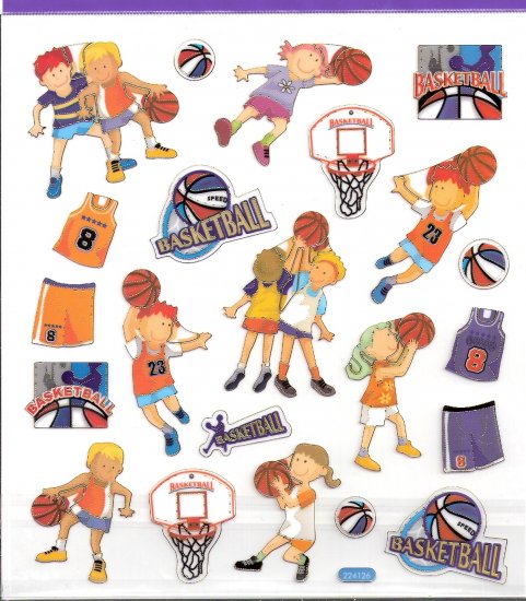 8 Basketball players Boy & Girl, uniforms, balls, hoops