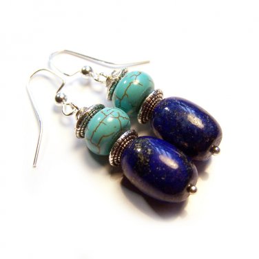 Blue Lapis Lazuli & Magnesite Stone Silver Tone Dangle Earrings
