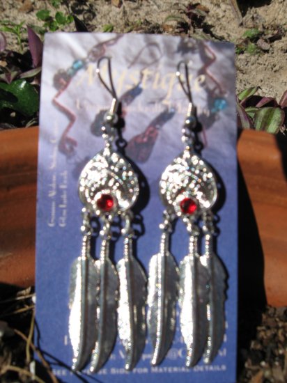 Shiny Silver Feather Drop Earring Swarovski Red Crystal