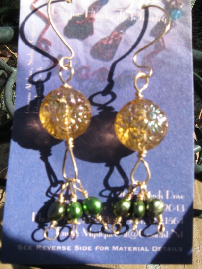 14k GF Topaz Brown Glass Flower Bead, Green Freshwater Pearl Earrings