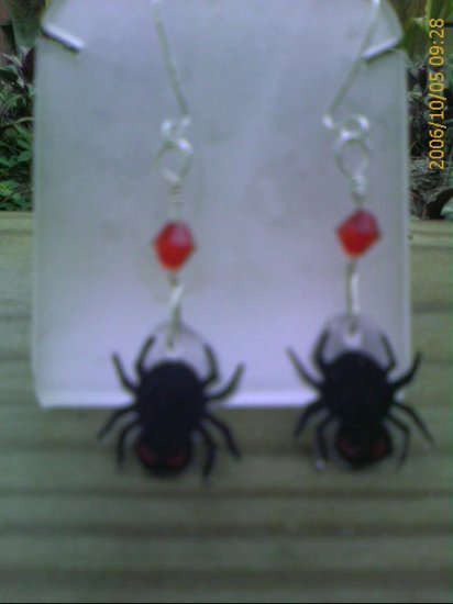 Sterling Silver Black Spider Red Crystal Earrings