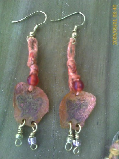 Hippy Hemp Embossed Butterfly Earrings with Orange Beads