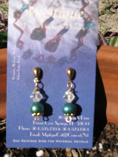Genuine Blue/Green Pearl ,Gold Drop Earrings w/Crystal