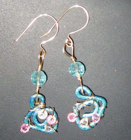 14k GF Green Blue Metallic Copper Swirl Clear, Pink Swarovski Crystal Earrings