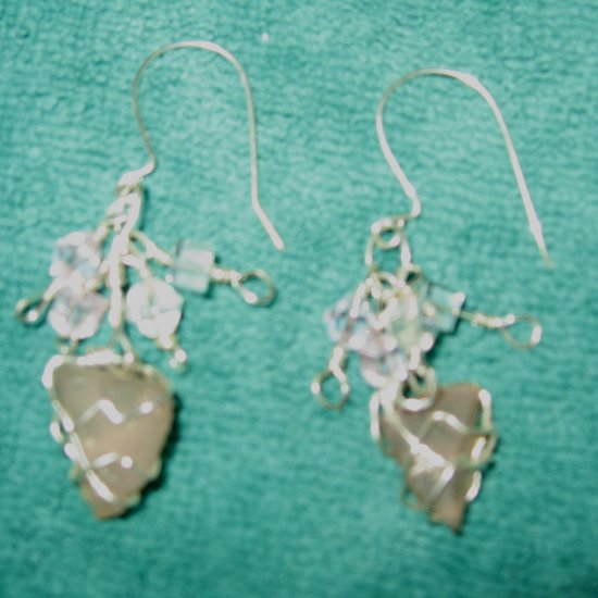 Sterling Silver wrapped Pink Sea Glass Earring, Clear, Pink Crystals