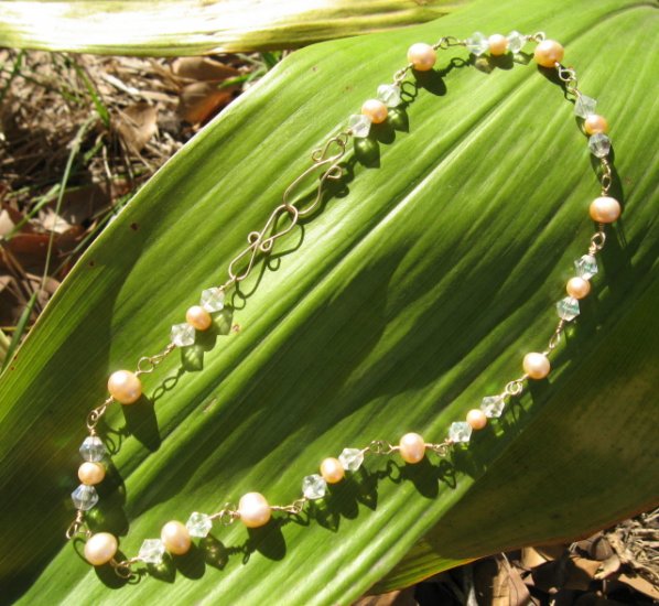 High Quality Rated Champagne and Peach Pearls Necklace with 14k Gold Fill, Glass Crystal Bicones