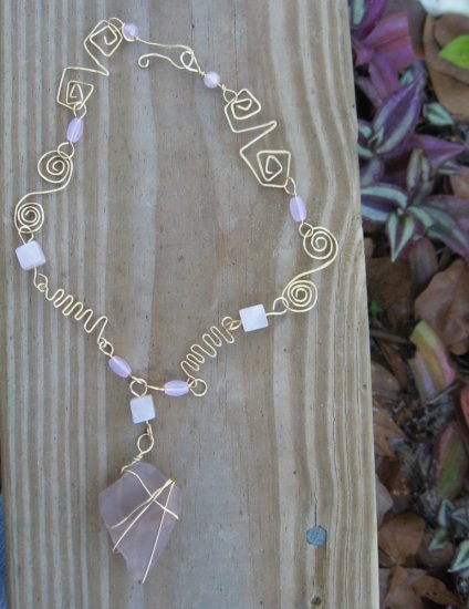 Pink Sea Glass Rose Quartz Gold Necklace with Custom designed wire swirls, Zig Zags